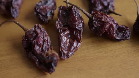 close up pan left of dried habanero peppers