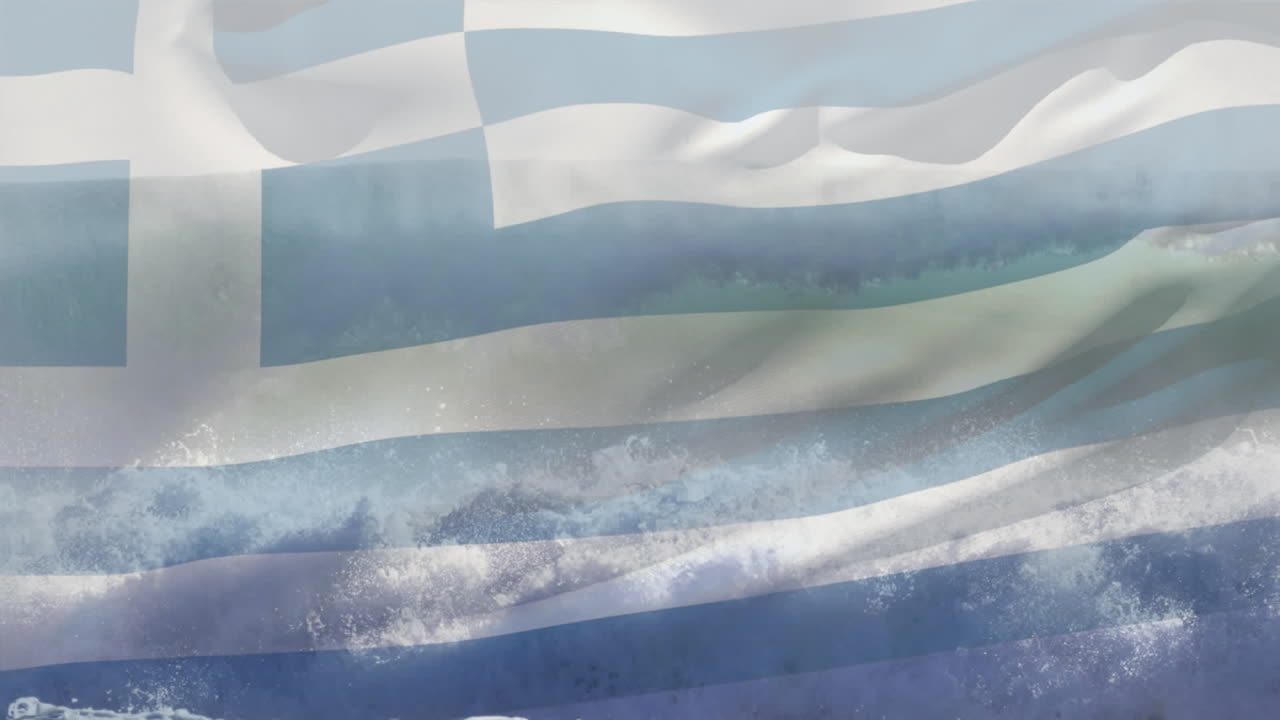 animación de la bandera de grecia ondeando sobre el paisaje marino de la playa