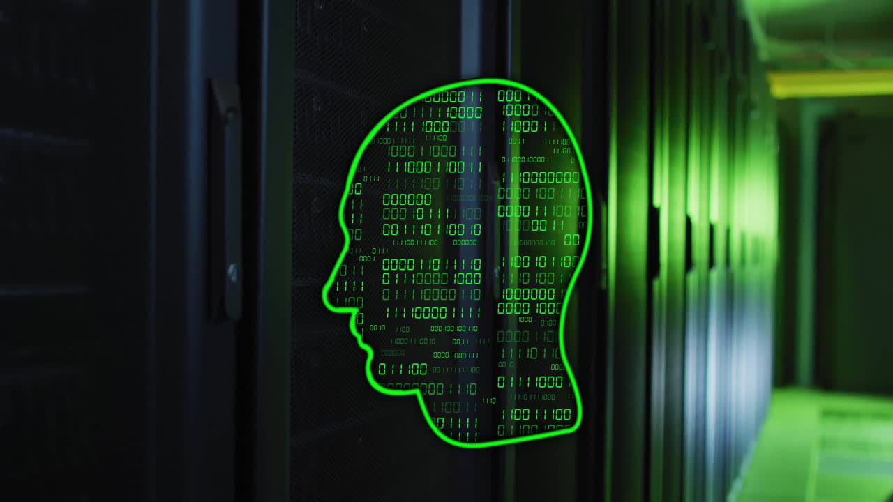 animación de codificación binaria ai, procesamiento de cerebro y datos a través de servidores informáticos