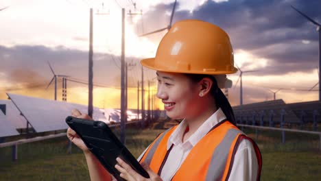 close up side view of asian female engineer with safety helmet taking note on the tablet and looking around with solar panel and wind turbines