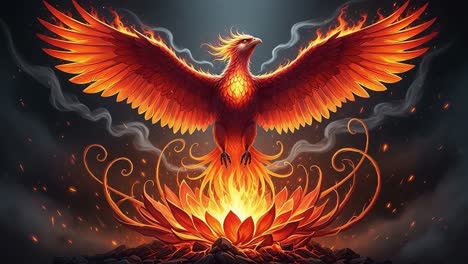 a majestic phoenix rises from the flames, embodying resilience and rebirth, surrounded by fiery embers and whirling smoke against a darkened background