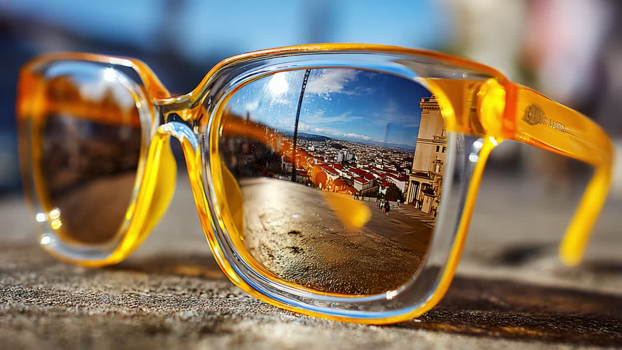A vibrant pair of stylish sunglasses reflecting a picturesque urban view, showcasing the interplay of color and light as the brilliant yellow frames capture the surrounding city's skyline and atmosphere