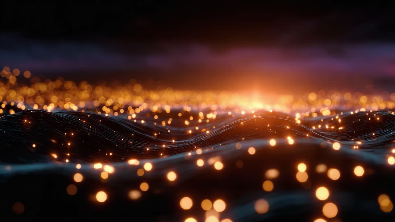 En fascinerende udsigt over glitrende bølger fyldt med funklende lys ved solnedgang, der skaber en fortryllende atmosfære af ro og skønhed over horisonten