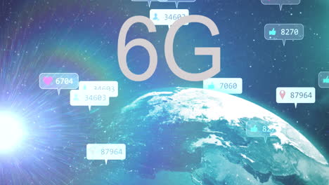 animación de texto 6g, iconos de redes sociales en banners sobre el cielo nocturno