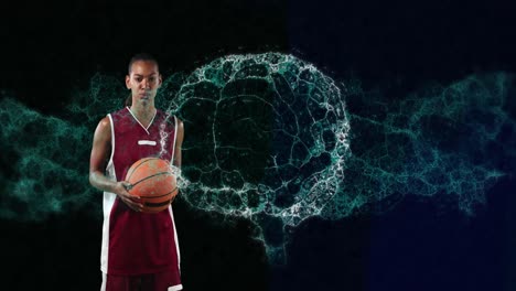 Animación-Del-Cerebro-Digital-Girando-Sobre-Una-Jugadora-De-Baloncesto-Sosteniendo-Una-Pelota.