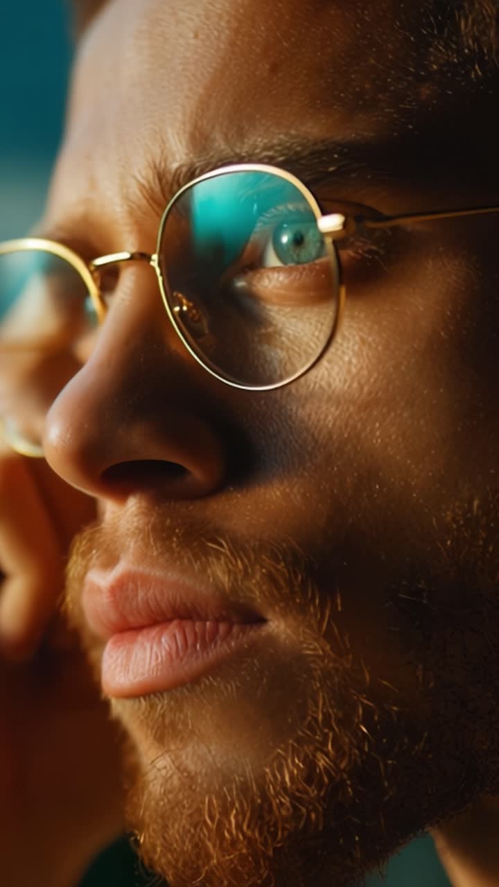 Intense close-up of a young man with glasses and a thoughtful expression, showcasing intricate details in his features and captivating blue-green eyes in a warm light