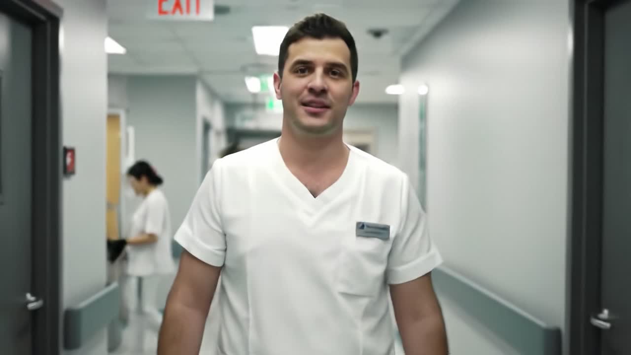 병원 복도 에서  ⁇ 고 있는 의사