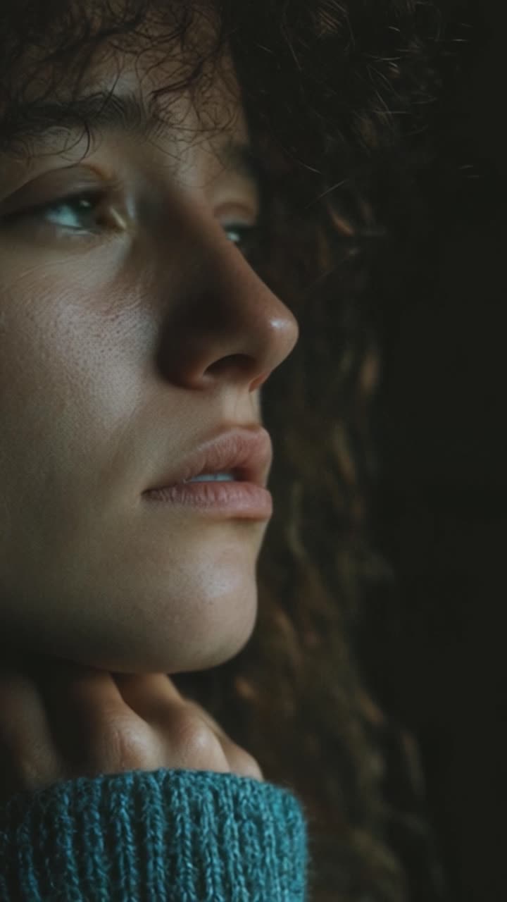 Un ritratto pensieroso di una donna con capelli ricci che evoca contemplazione, espressioni ed emozioni in un ambiente scarsamente illuminato.