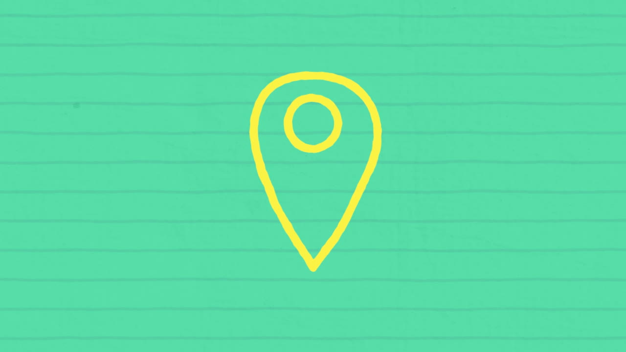 animación del icono del pin de ubicación delineado en amarillo dibujado a mano con un marcador en papel alineado en verde