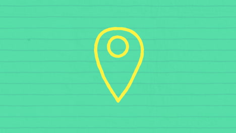 animación del icono del pin de ubicación delineado en amarillo dibujado a mano con un marcador en papel alineado en verde