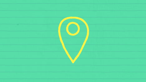 animation of yellow outlined location pin icon hand drawn with a marker on green lined paper