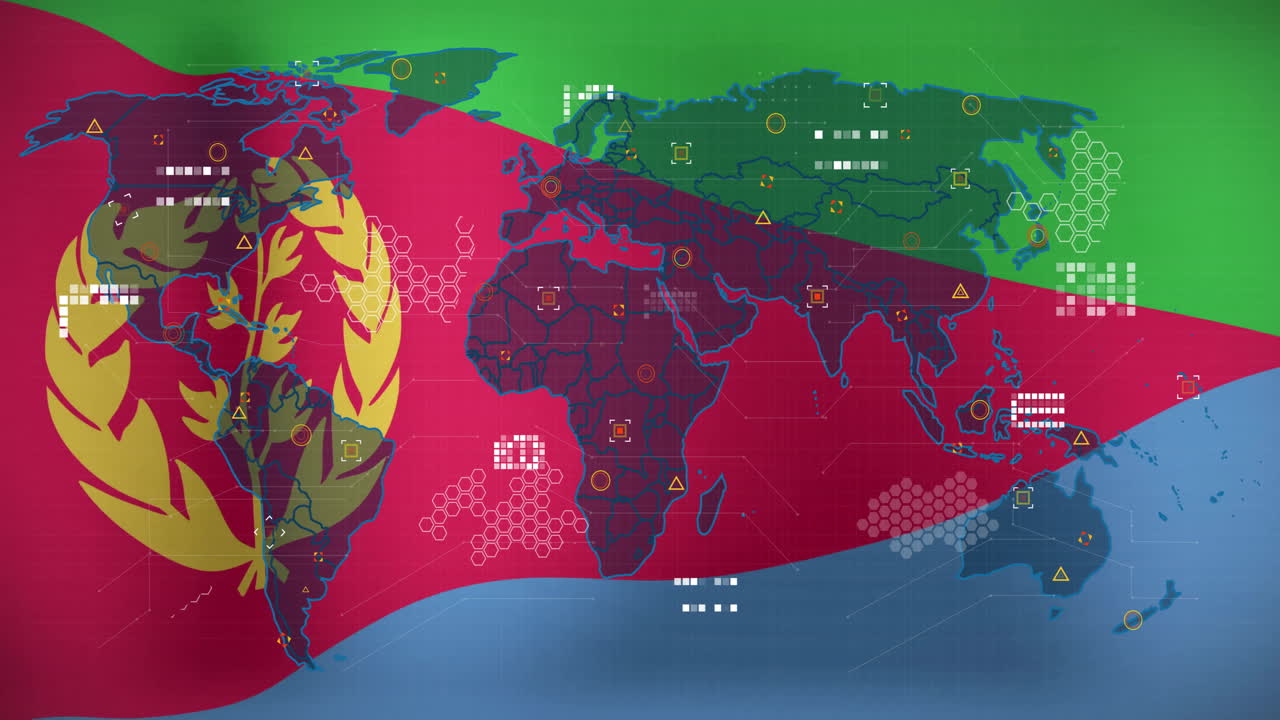 Digital data icons over world map, colorful animation background in school