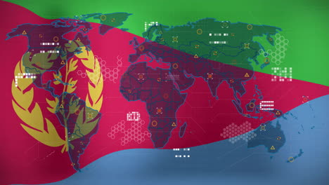 digital data icons over world map, colorful animation background in school