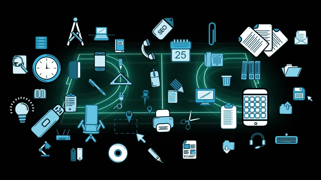 Animation of network of computing and business icons and sports field