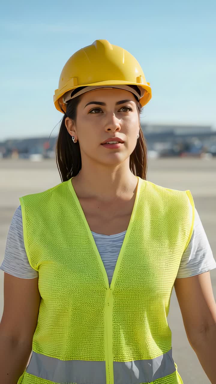 Vertical video: Standing female worker scanning airport tarmac, wearing yellow hard hat and vest