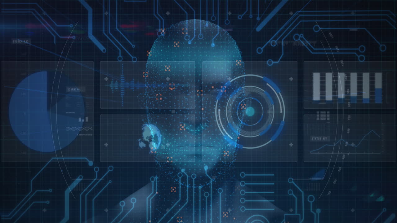 animación de visores que escanean la cabeza humana sobre la cuadrícula