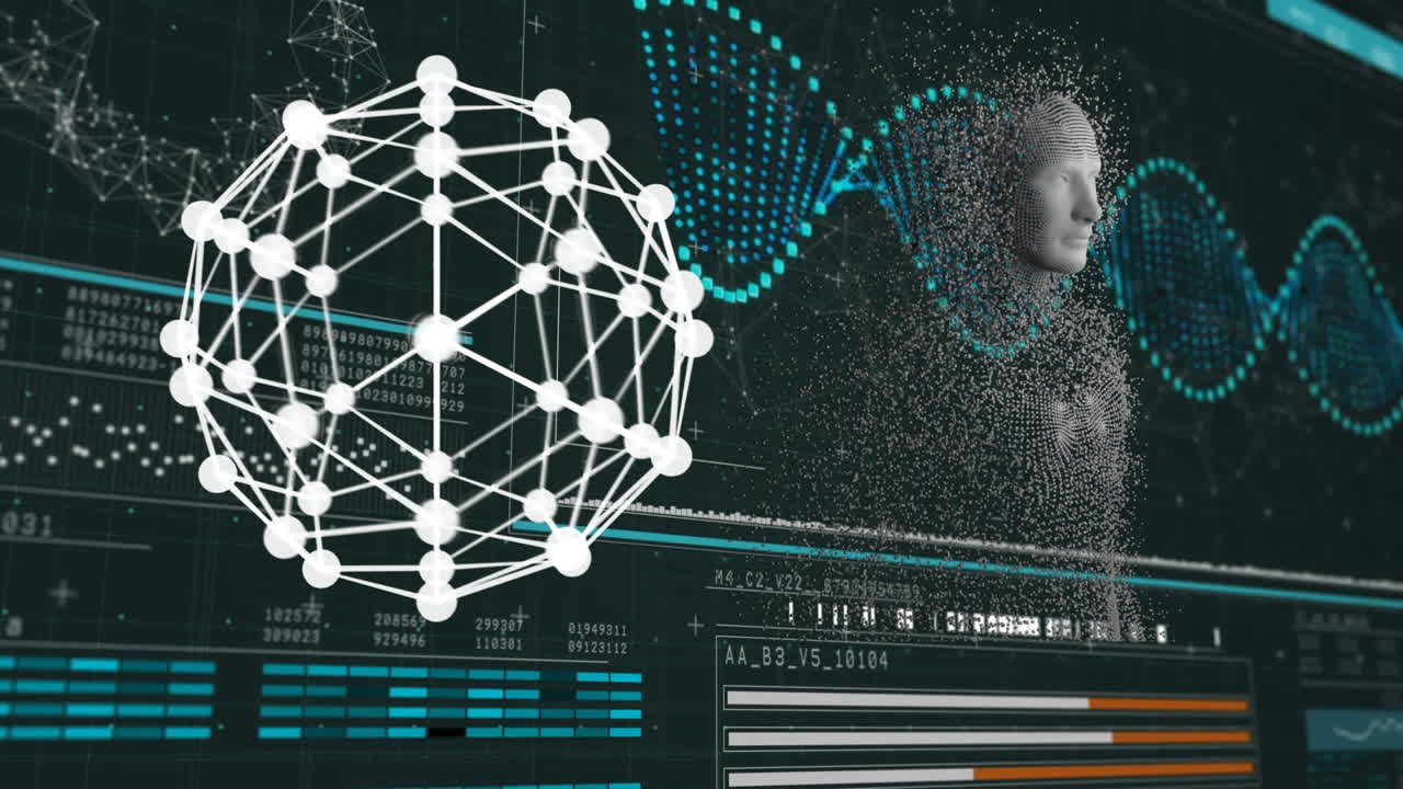 Animation of globe, dna strand and data processing with human body formed with exploding particles