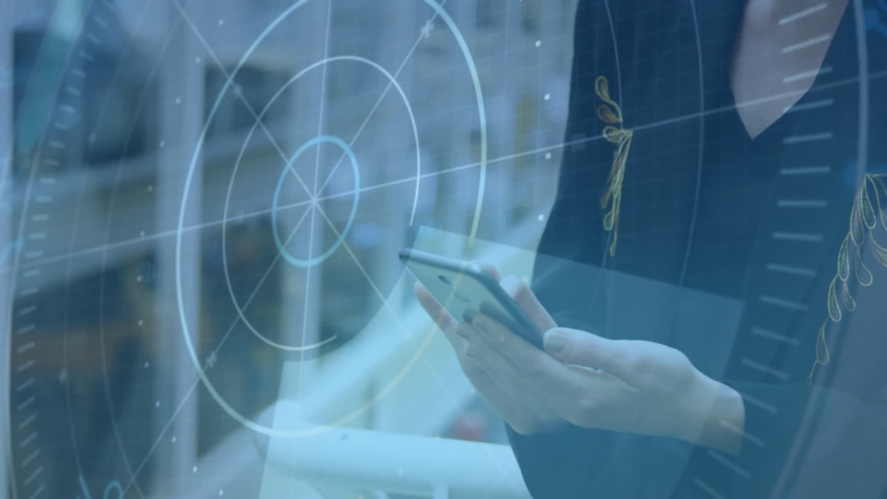 Animation of scope scanning over caucasian businesswoman using smartphone