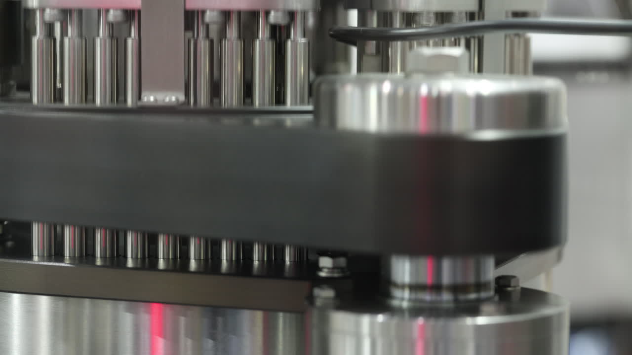 Close-up of Industrial Machine with Moving Metal Parts