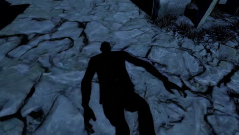 person walking through a graveyard at night