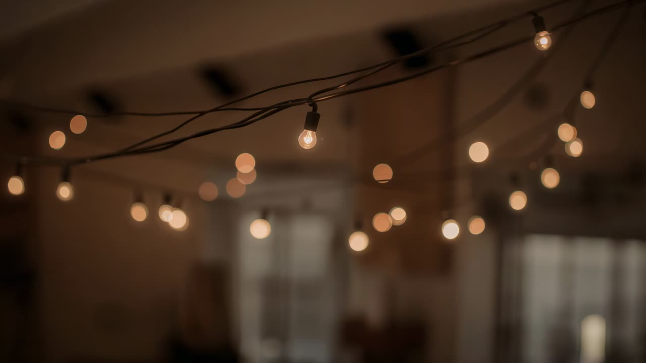 Shifting focus, camera moving across string of warm filament bulbs in large room, revealing sockets