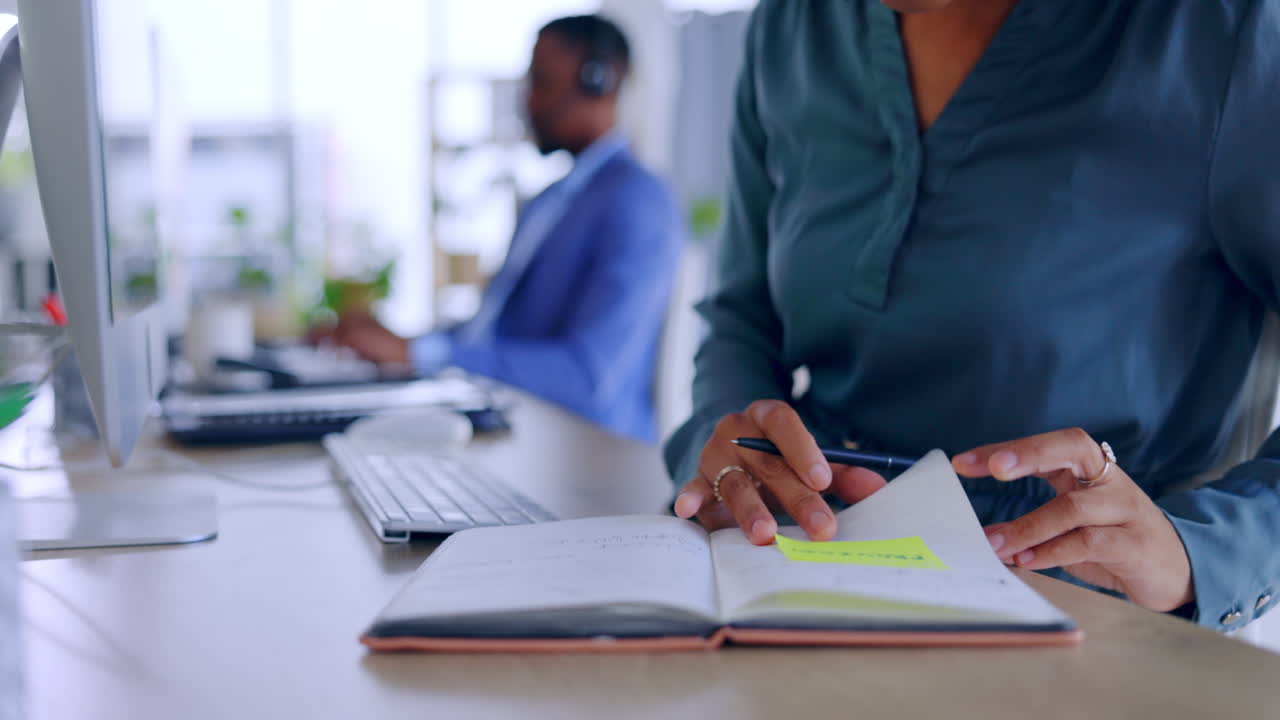 Business woman, hands and writing in call center