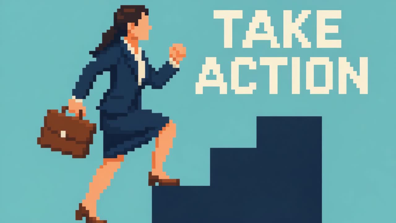 Pixel art illustration of a determined businesswoman ascending stairs with a briefcase, symbolizing ambition, progress, and the drive to take action in a professional environment