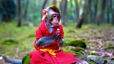 monkey in red kimono meditating in forest