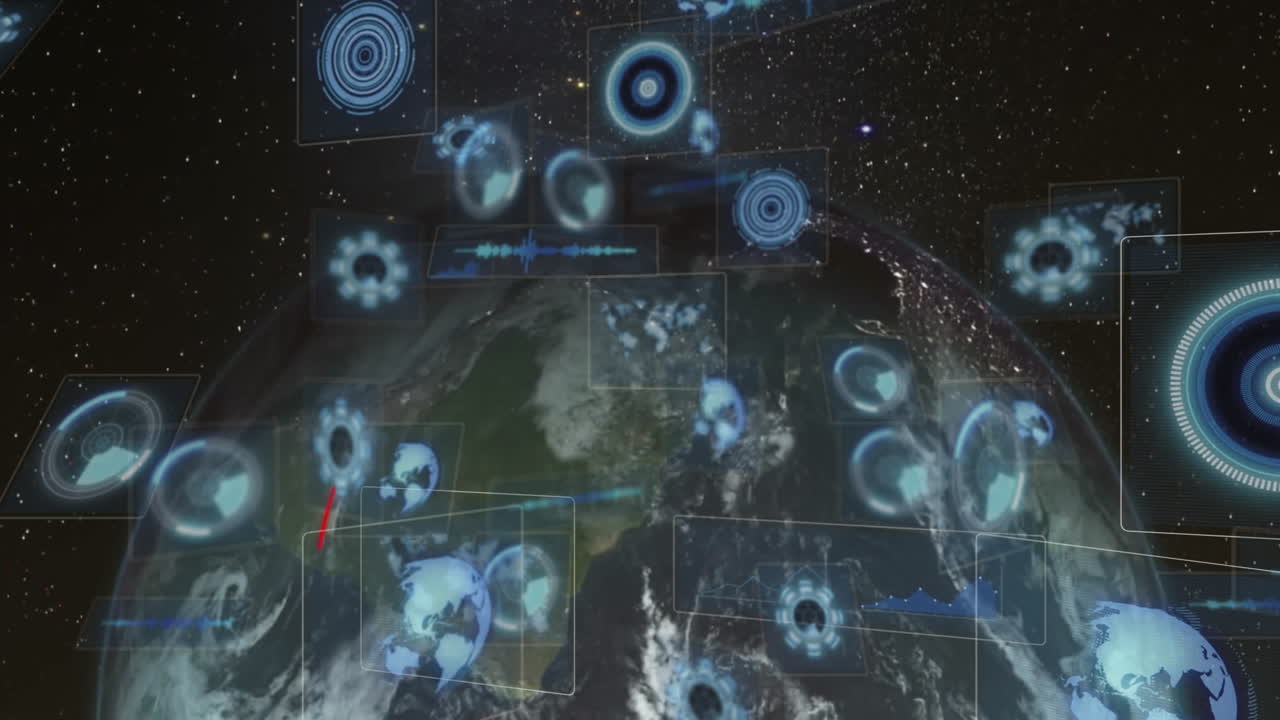 Digital interface with data processing animation over Earth from space