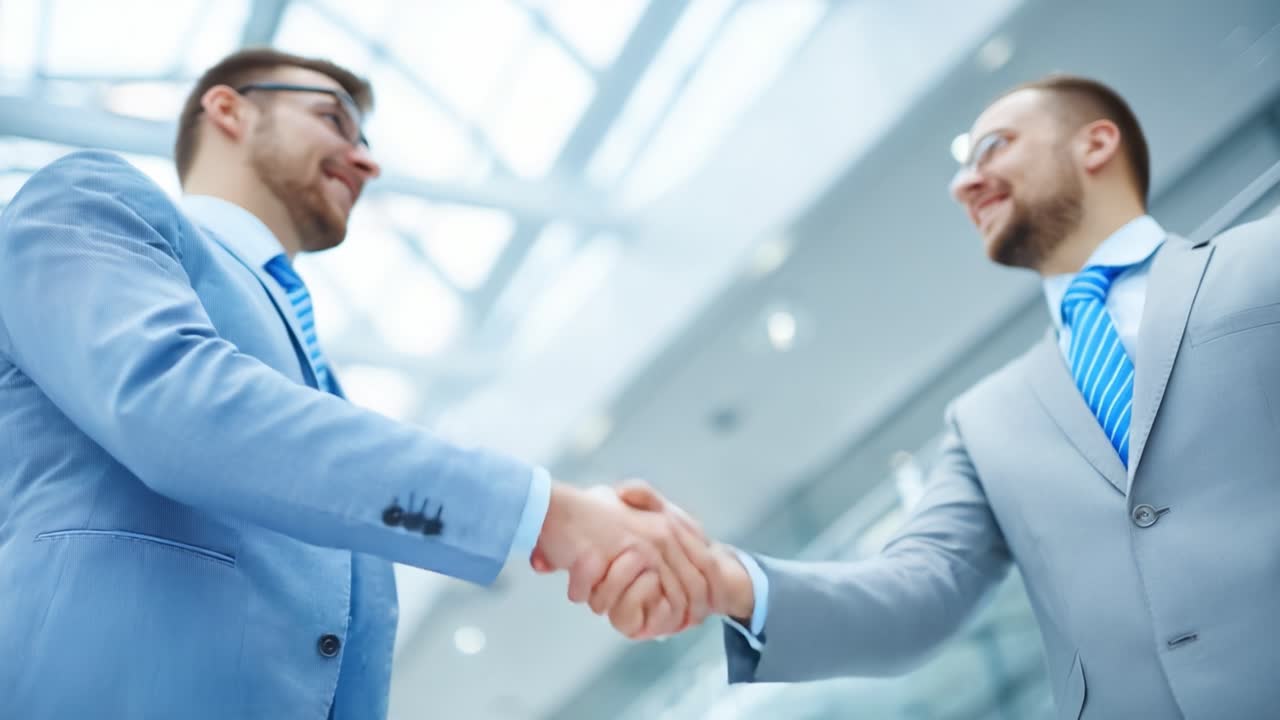 Due professionisti che si stringono la mano come simbolo di collaborazione aziendale di successo e di creazione di relazioni positive in un moderno ambiente d'ufficio
