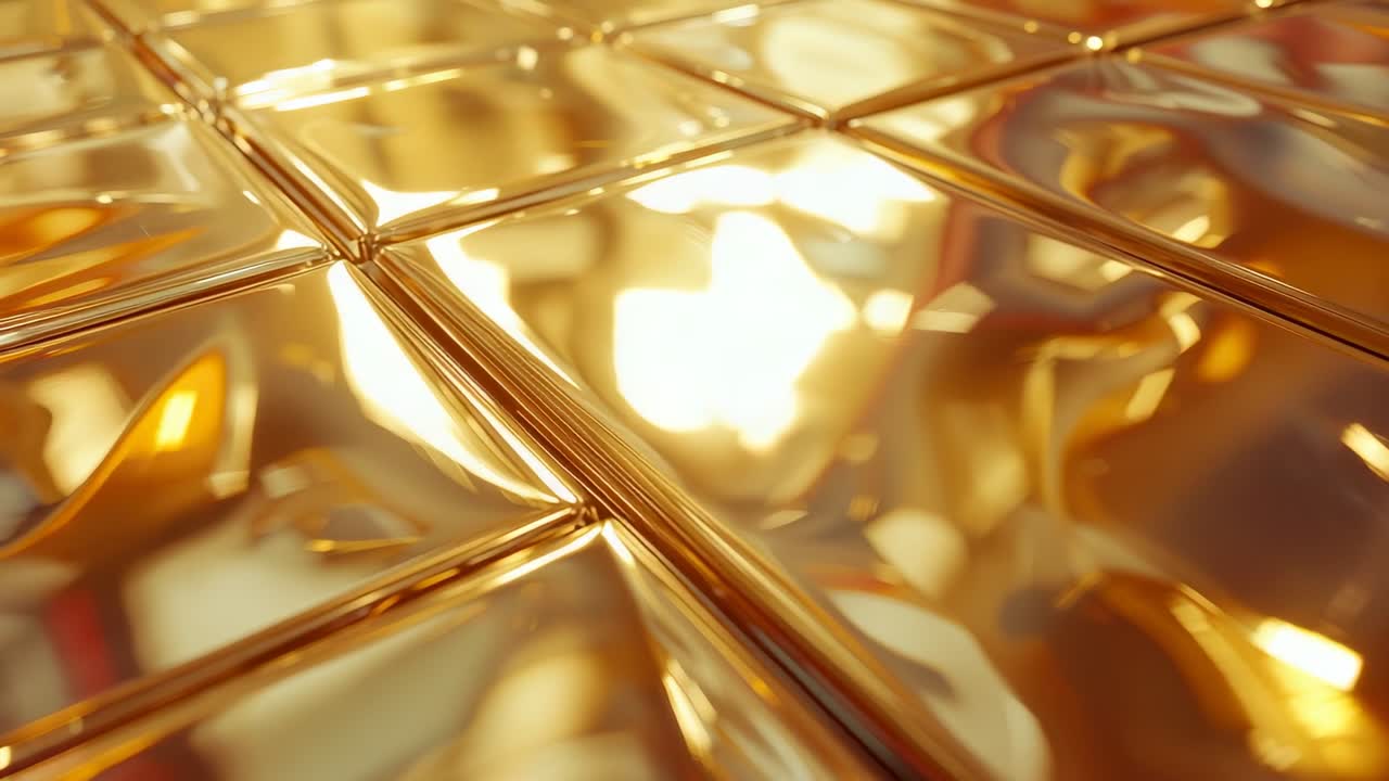 Flowing golden tile grid shifting reflections while camera panning in studio, creating ripple loop