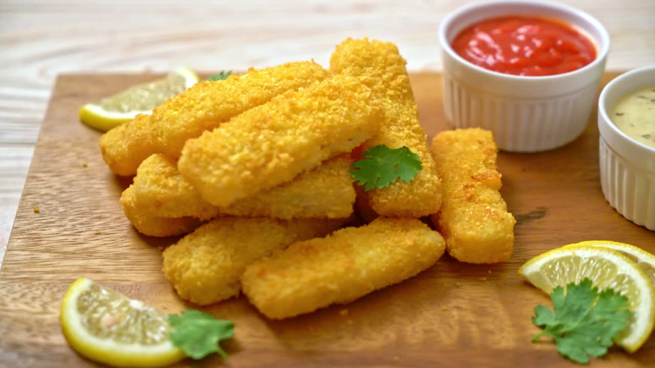 palito de pescado frito o papas fritas pescado con salsa