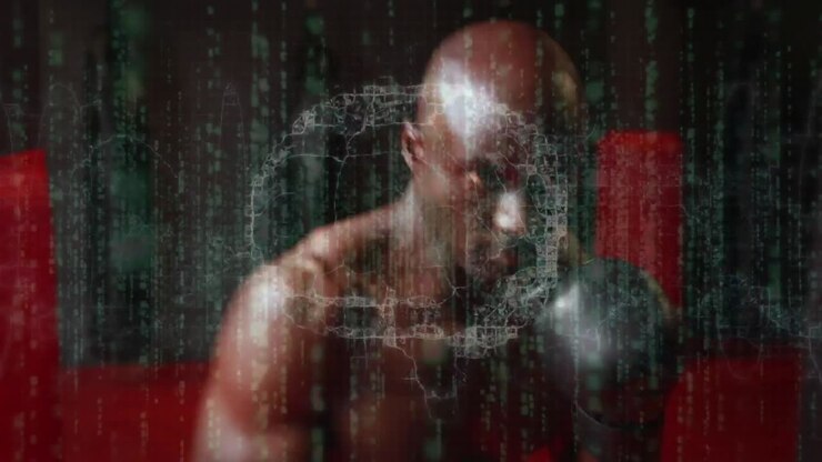 Animazione di elaborazione dati e modello di cervello digitale su un uomo che fa boxe.
