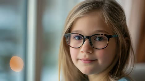 portrait of a young blonde girl wearing eyeglasses, looking in different directions and opening and closing her eyes, with a blurred background