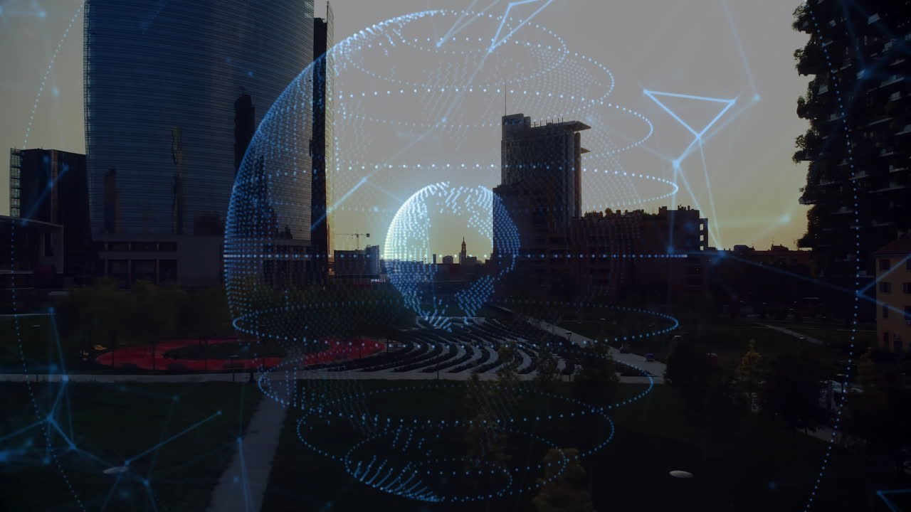 Blue dotted holographic sphere being projected over urban park showcasing futuristic network layout