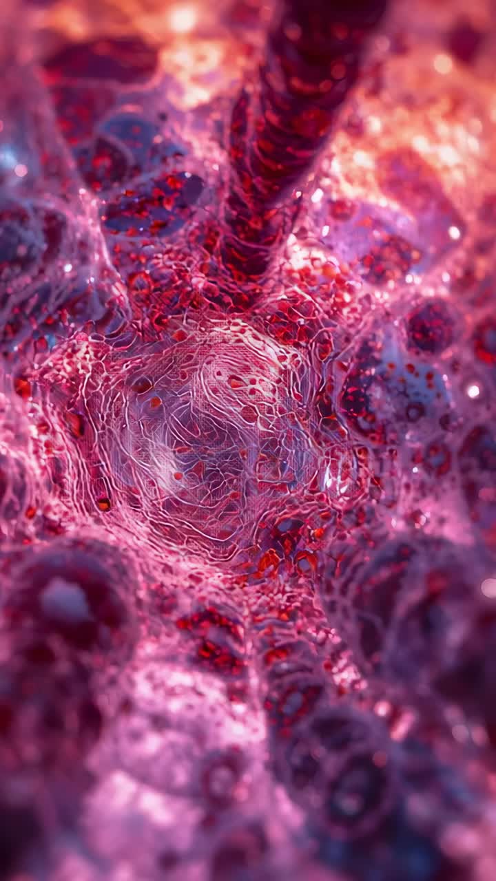 Vertical video: Pushing camera moving into pink tubular mesh, revealing drifting red discs