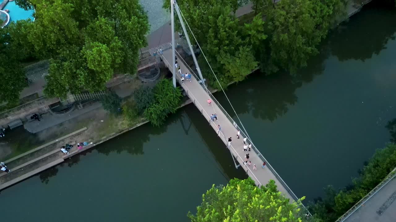 4K Aerial Drone Video of the Cinecitta Bridge across the Pegnitz River in Downtown Nurnberg, Germany