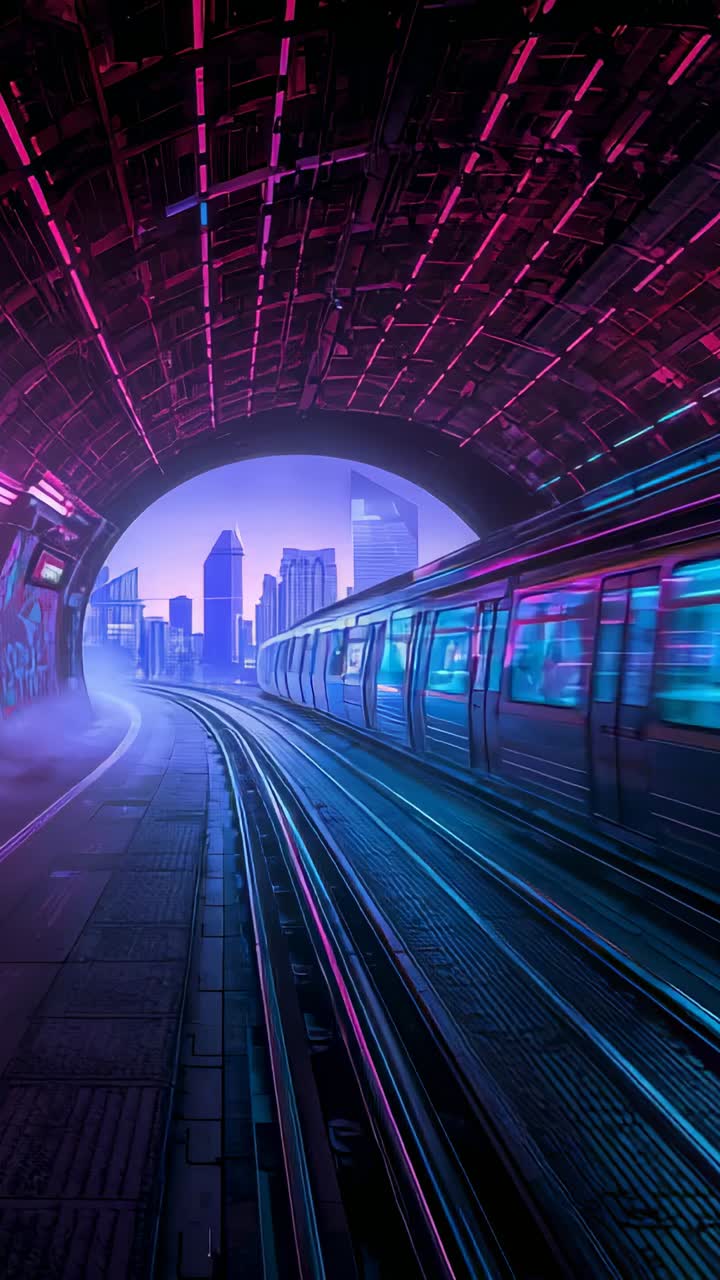 Vertical video: Entering metro train speeding along rails in neon-lit tunnel toward skyline