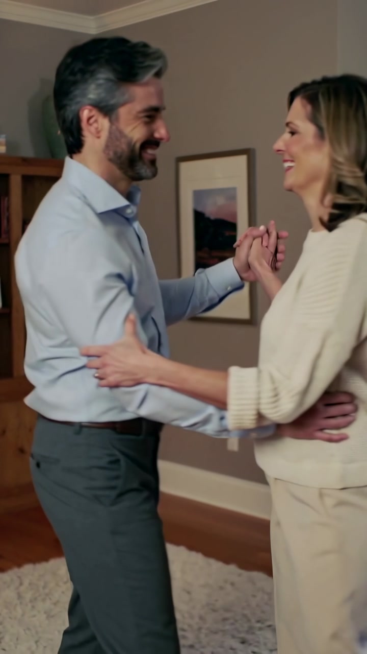 Smiling couple embracing in living room, woman in cream sweater showing ring, bookshelf, greeting