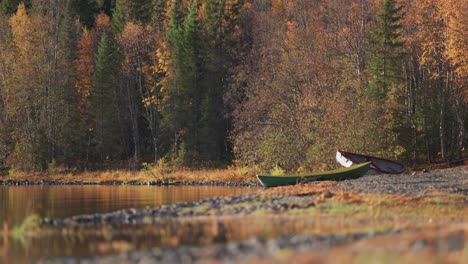 Two-boats-lay-on-the-pebble-beach-surrounded-by-the-autumn-forest