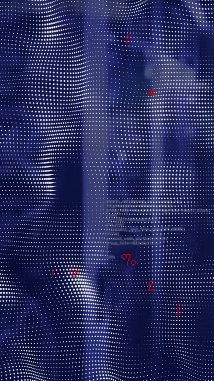 Video verticale: Rete di punti che ondeggia a impulsi, mostra un pannello centrale, punti rossi che lampeggiano, codice che sfuma nella tecnologia