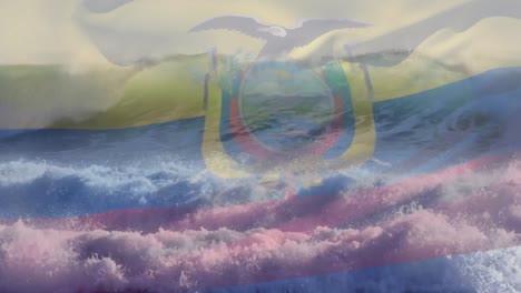 Animation-Der-Flagge-Ecuadors,-Die-über-Der-Sonne-Auf-Wellen-Weht,-Die-Im-Meer-Brechen