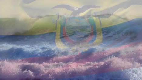 animación de la bandera de ecuador ondeando sobre el sol en las olas que se rompen en el mar