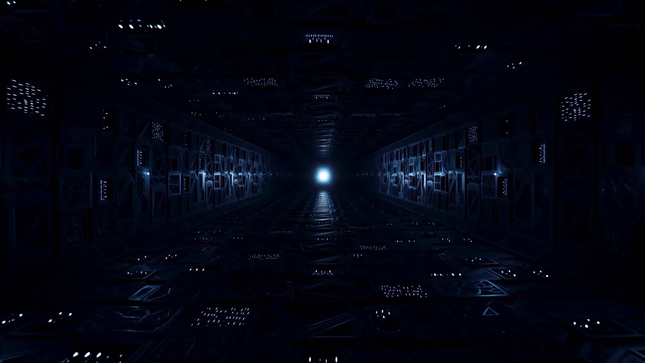 Dark Server Corridor With Glowing End Light, Mirrored Racks And Illuminated Consoles Suggest Data Center