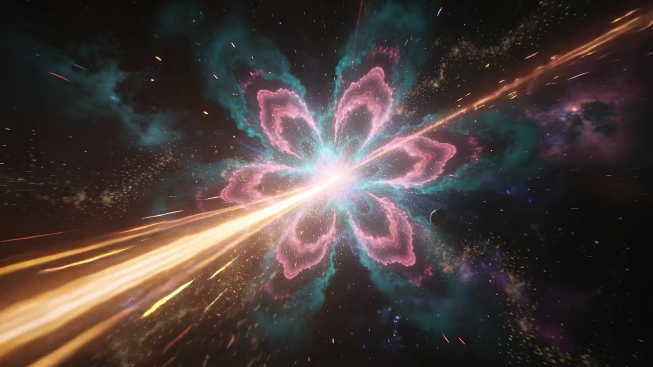 La telecamera si avvicina sparando scie dorate verso un fiore di energia a sei petali nello spazio, con il nucleo incandescente.