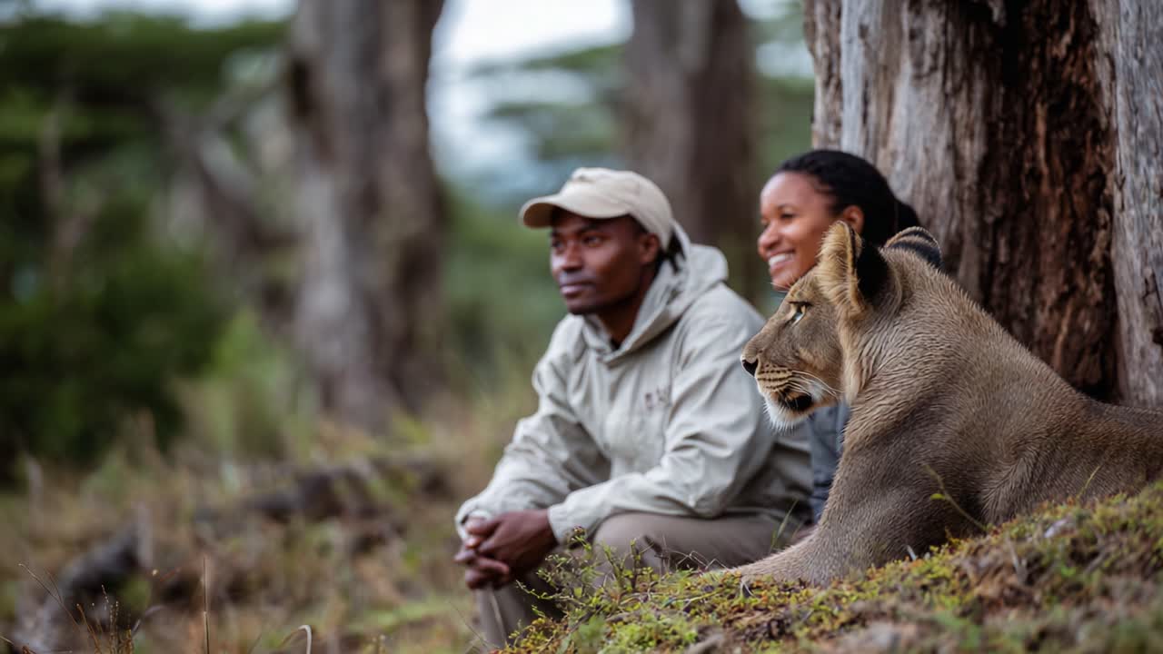 Dos personas disfrutan de un momento de calma cerca de leones en un entorno natural rodeado de árboles, capturando la conexión única entre los humanos y la fauna.