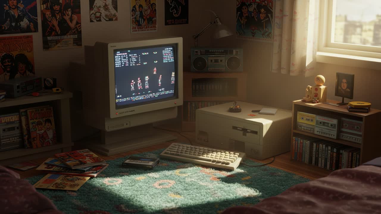 Nostalgic Retro Gaming Setup in a Cozy Room with Classic Computer, Vintage Posters, and Ample Memorabilia Reflecting Leisure and Joy of the Past