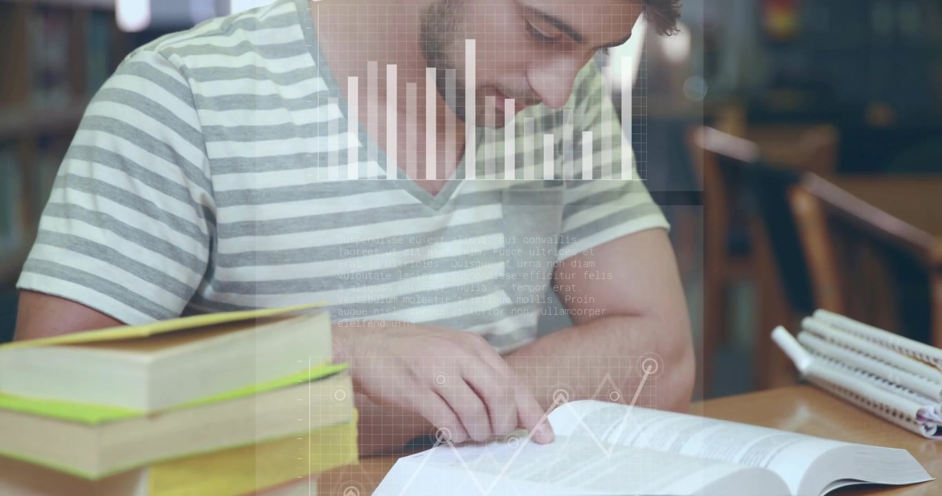 Vertical video: Male student tapping page, causing HUD charts animating across book for study
