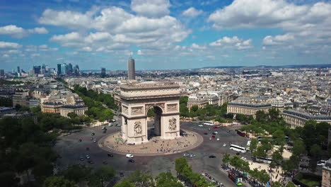 stunning rising aerial shot of monument arc de triomphe on beautiful day with blue sky in paris, france