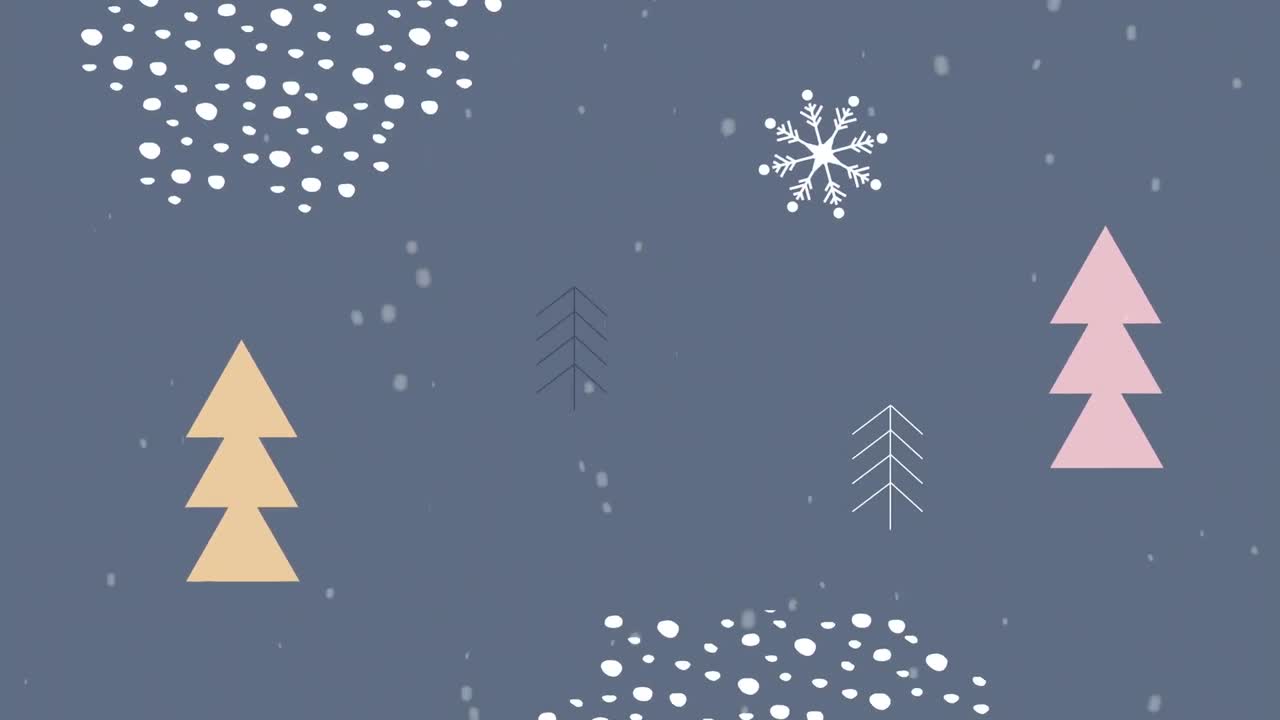 animación digital de nieve cayendo sobre iconos de árboles de navidad y formas abstractas en fondo gris